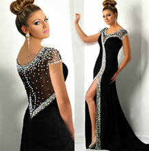 2020 Black Evening Dresses with Rhinestone Short Sleeves Vestidos De Novia O-Neck Side Split Sexy Prom Formal Gowns 2024 - buy cheap