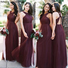 2021 Criss Cross Backless Bridesmaid Dresses Burgundy Halter A Line Tulle Long Wedding Party Dress De Soirée De Mariage 2024 - buy cheap