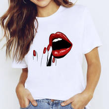 Camiseta feminina com estampa de lábios vermelhos, camiseta feminina gráfica estampada para arte de unhas e dedos 2024 - compre barato