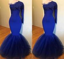 Vestidos de Noiva 2020 Long Sleeves Mermaid Blue African Prom Dresses Lace Applique One Shoulder Beads Evening Gowns 2024 - buy cheap
