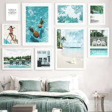 Pintura de tela para sala de estar, arte e impressões para parede, pintura de tela, abacaxi, mar, praia, piscina, nórdico 2024 - compre barato