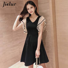Jielur Summer Dress Women Korean Mesh Patchwork Black V-neck Charming Slim Sexy Elegant Dress High Waist A-line Korean Sukienki 2024 - buy cheap