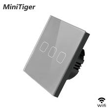 Minitiger casa inteligente 1/2/3 gang 1 vias sem fio wifi padrão da ue interruptor de toque interruptor de luz parede, vidro cristal luxo branco