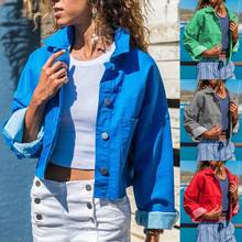Женская джинсовая короткая куртка, однотонный кардиган с отложным воротником и длинным рукавом 2024 - купить недорого