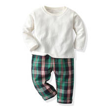 Tem doger-conjunto de roupas de algodão para bebê, camiseta branca de manga comprida + calças xadrez, 2 peças, roupa casual, agasalho de verão 2024 - compre barato