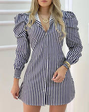 2020 Autumn Spring Turn-down Collar Workwear Women Fashion Striped Button Design Puffed Sleeve Shirt Mini Dress Polkadot Print 2024 - buy cheap