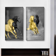 Póster Artístico en lienzo de caballos corriendo, pinturas artísticas de pared de animales impresas, imágenes de pared negras y amarillas para sala de estar, decoración del hogar, Cuadros 2024 - compra barato