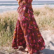 Happie rainhas moda hippie feminino praia boêmio vermelho floral imprimir saia cintura alta elástica a linha boho maxi saia femme 2024 - compre barato