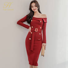 H Han Queen Autumn Slash neck Sexy Red Double-breasted Pencil Dress Lady Office Vestidos Sheath Bodycon Party Women Dresses 2024 - buy cheap