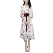 Floral chiffon v neck slim dress women apricot white 2020 summer new Korean fashion belt high waist fairy dresses feminina LR785 2024 - buy cheap