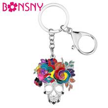 Bonsny floral esmalte liga dia das bruxas flor crânio chaveiros chaveiro jóias para as meninas do miúdo moda presente bolsa acessório 2024 - compre barato