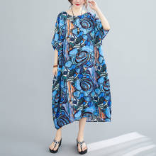 Johnature Summer Retro Dress 2021 New Print O-Neck Korean Loose Comfortable Half Sleeve  Women Vintage Dresses 2024 - buy cheap