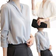 Women Shirt Solid Color All-matched Polyester Sexy V-neck Long Sleeve Office Chiffon Casual Shirt chemise femme рубашка женская 2024 - buy cheap