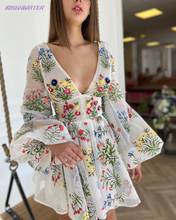 Women's Summer Dress 2022 Elegant Floral Embroidery Sexy Mesh V-Neck Dresses for Women Lantern Sleeve Vestidos Cute Mini Dress 2024 - buy cheap