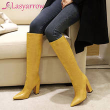 Lasyarrow Plus size 34-48 New women boots slip on thick high heels knee high boots women shoes fashion western winter boots 2024 - buy cheap