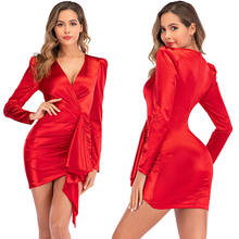Red Sexy V-neck Long Sleeve Mini Dresses For Women Summer Solid Color Slim High Waist Dress Female Party Night Club Vestidos New 2024 - buy cheap
