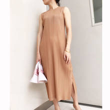 HOT SELLING  Miyake  fashion fold solid sleeveless o-neck straight  dress IN STOCK 2024 - buy cheap