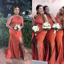 2021 Coral South African Bridesmaid Dresses Mermaid Halter Black Girls Bridesmaid Dress Split Side Wedding Party Gowns 2024 - buy cheap