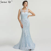 Serene Hill LA6455-Vestidos de Noche de encaje azul claro con cuello redondo, Lentejuelas de cristal larga, sexys, 2021 2024 - compra barato