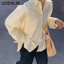 Qoerlin blusa solta estilo coreano ol, branca, manga longa, lapela solta, médio, camisas femininas, camisa, jaqueta rosa 2024 - compre barato