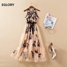 Ball Gown Dress 2021 Spring Summer Designer Runway Women O-Neck Allover Exquisite Embroidery Mesh Dress Slim Fit & Flare Party 2024 - buy cheap