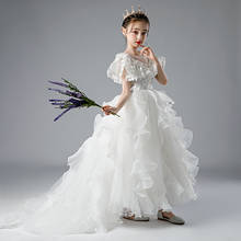 White Lace Appliques Trailing Flower Girls Dress Mesh O Neck Fantasy Princess Dress For Wedding Birthday Party 2024 - buy cheap