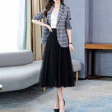 Spring Autumn OL Styles Formal Women Business Tulle Mesh Skirt Suits and Jackets Coat Ladies Professional Plaid Blazers Belt Set 2024 - buy cheap