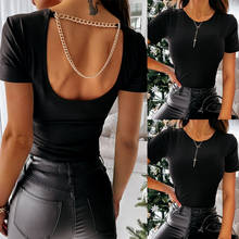 Camiseta negra de verano para mujer, top sexy de cuello redondo de manga corta en forma de U, top ajustado con cadena abierta en la espalda 2024 - compra barato