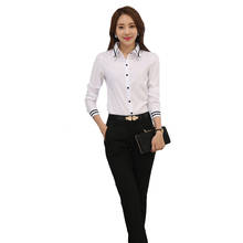 Blusa Formal de manga larga para mujer, camisa elegante de color blanco y azul liso con cuello vuelto, Top escolar de talla grande 2024 - compra barato