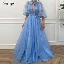 Verngo Elegant Baby Blue Dotted Tulle A line Prom Dresses 2021 High Neck Puff Sleeves Long Evening Gowns Vestido de fiesta 2024 - buy cheap