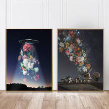 Carteles de pintura en lienzo, imagen artística de pared surrealista Retro de chica de flores en el cielo estrellado para decoración de sala de estar, decoración del hogar 2024 - compra barato