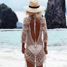 AYUALIN sexy backless Crochet short dresses women boho beach wear bikini cover up summer dress robe femme tunic vestidos coverup 2024 - buy cheap