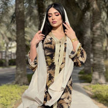 Рамадан ИД 2021 мусульманские Дубаи джалабия платья с длинным рукавом новая Арабская мусульманская одежда абайя Платье с принтом листьев для женщин 2024 - купить недорого