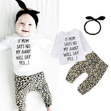 Conjunto de ropa para bebés de 0 a 24 meses, 3 uds., camiseta con letras blancas, pantalones bombachos de leopardo, cintas del pelo para bebés y niñas 2024 - compra barato