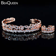 BeaQueen New Rose Gold Color Adjustable Size Baguette Cubic Zirconia Crystal Ring Bangle Cuff Jewelry Sets for Women JS147 2024 - buy cheap