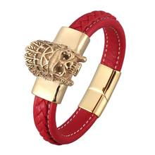 Trendy Red Braided Leather Bracelets Men Gold Indian Skull Stainless Steel Male Punk Wristband Party Jewelry Accessories SP0930 2024 - buy cheap