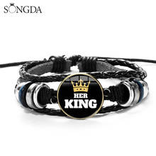 Fashion Her King His Queen Lover Couple Bracelets Glass Cabochon 3D Effect Charm Leather Wristband Valentine's Day Gift 2024 - buy cheap