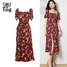 Tingfly Summer France Vintage Square Collar Floral Print Casual Dress Women Sexy Side Split Drawstring Vestido Streetwear Frocks 2024 - buy cheap