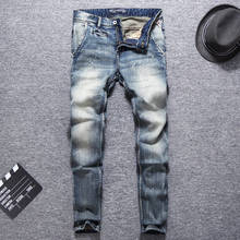 Джинсы мужские облегающие эластичные, хлопковые дизайнерские штаны в стиле ретро с рисунком, винтажные брюки из денима в итальянском стиле 2024 - купить недорого