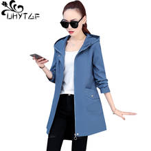 UHYTGF Women spring trench coat fashion hooded casual student coat Mid-length zipper loose 4XL plus size Windbreaker Genuine 965 2024 - buy cheap