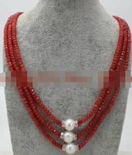 Collar de perlas blancas de 17-19 pulgadas, gemas redondas de rubí rojo facetado, 3 filas, 2x4mm, 9-10mm 2024 - compra barato