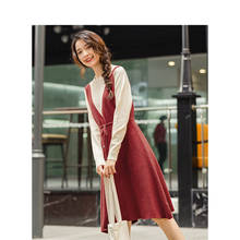 INMAN-vestido de cuello redondo Retro para mujer, diseño de contraste de Color, cinturón de punto, elegante 2024 - compra barato