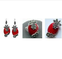 Free Shipping  Fashionable Red Carved Lacquer Marcasite 925 Sterling Silver Ring(#7-10) Earrings & Pandent jewelry sets 2024 - buy cheap