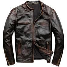 Chaqueta de cuero genuino para hombre, abrigo Retro desgastado para motocicleta, capa superior de cuero de vaca 2024 - compra barato