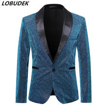 Men's Fashion Blue Champagne Gold Silk Suit Jacket Wedding Groom Prom Singers Blazers Slim Fit Casual Coat Host Stage Clothes 2024 - buy cheap
