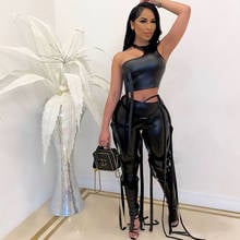 PU Faux Leather Two Piece Outfits for Women Party Club Matching Sets Crop Top Lace Up Bandage Pants 2 Piece Sets Women Outfits 2024 - buy cheap