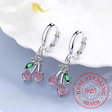 Genuine 925 Sterling Silver Long Drop Earrings for Women Korean Pink Cherry Sweet Fruit Earring Wedding Party Jewelry Gift 2024 - buy cheap