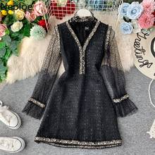 Neploe Small Fragrance Half High Neck Patchwork Lace Dress High Waist Hip Flare Sleeve Vestido Party Tweed A Line Vest Ropa Fall 2024 - buy cheap