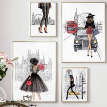 Londres paris super modelo fashion menina arte de parede pintura em tela, pôsteres nórdicos e impressões imagens de parede para decoração de sala de estar 2024 - compre barato