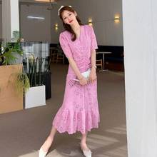 Women Summer Elegant Cotton Embroidered Flower Hollow Out Lace Dresses Pink Female V-Neck Short Sleeve Draped Mermaid Long Dress 2024 - buy cheap